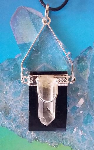 Black Tourmaline Silver Pendant With Rare Lemurian Seed Crystal Point And Chain