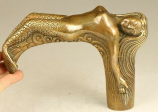 Asian Rare Bronze Hand Carving Mermaid Statue Figue Cane Walking Stick Head Gift
