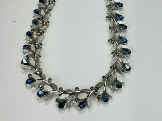 Vintage Trifari Necklace Choker Teardrop Blue Rhinestone Silver Foliate 16 " Rare