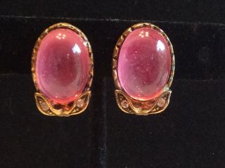 Rare Vintage Coro Signed Pink Jelly Belly Cabs Earrings W/ Clear Rhinestones