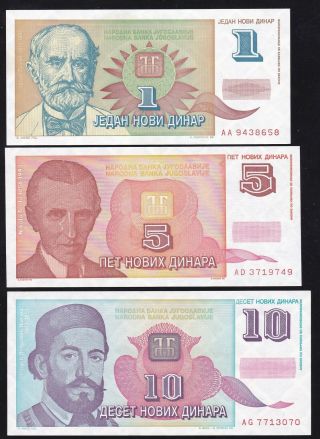 Yugoslavia - - - - Set - - - - 1,  5 And 10 Novih Dinara 1994 - - - - Unc - - - - - - Rare -