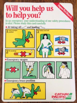 Vintage Cathay Pacific Lockheed L - 1011 Inflight Safety Card.  1980 