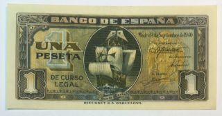 1 Peseta 1940 Spain Banknote,  Unc Rare,  No - 1262