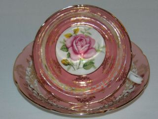 Vintage Rare Royal Grafton Bone China Teacup & Saucer Set Pink Cabbage Rose Gold