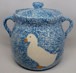 Los Angeles Pottery Blue Stipple Duck Bean Pot Shaped Cookie Jar W Lid - Rare