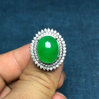 Rare Handwork S925 Silver & Green Jadeite Jade Chinese No.  7 - 12 Bordered Ring