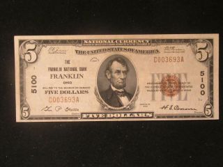 Very Rare 1929 $5.  00 Franklin,  Ohio National Note
