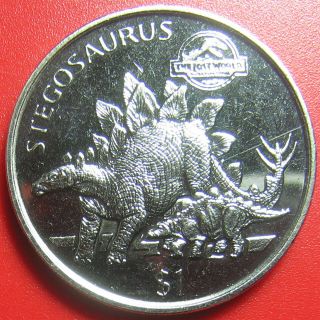 1997 Liberia $1 Stegosaurus Dinosaur Dino Jurassic Park Logo Rare Coin Cuni 38mm
