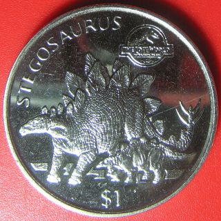 1997 LIBERIA $1 STEGOSAURUS DINOSAUR DINO JURASSIC PARK LOGO RARE COIN CuNi 38mm 3