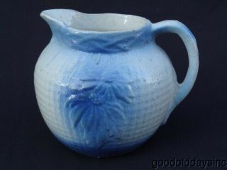Rare Antique Blue & White Poinsettia Stoneware Crock Pitcher 6 1/4 " Tall