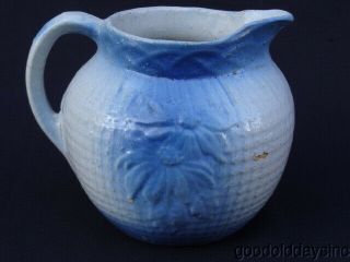 Rare ANTIQUE Blue & White POINSETTIA Stoneware Crock PITCHER 6 1/4 