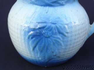 Rare ANTIQUE Blue & White POINSETTIA Stoneware Crock PITCHER 6 1/4 