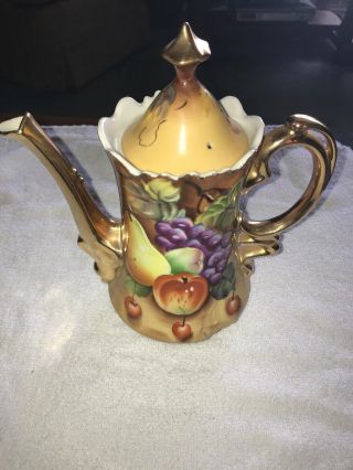 Lefton China Rare Vintage Tea Pot Heritage Fruit Pattern Gold Gilding Ne20591