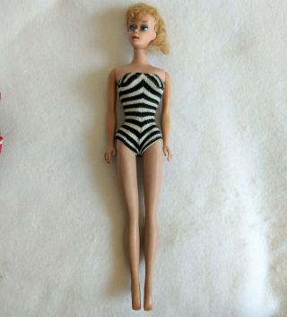 Rare Early Blonde Ponytail 5 1961 Barbie Orig Black White Zebra Bathing Suit 2