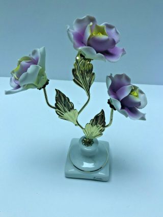 Rare Vtg Capodimonte Porcelain Purple Flowers,  Metal Leaf Crown A.  Calle