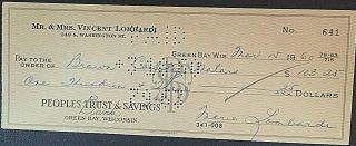 Rare 1960 " Mr.  & Mrs.  Vincent Lombardi " Check 641 Signed By Mrs.  Marie Lombardi