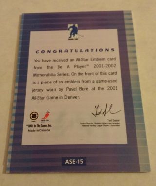 2001 - 02 Be A Player PAVEL BURE All - Star emblem RARE panthers logo 2