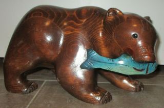 Rare Vintage Hand Carved Wood Whittler’s Mother Bear With Fish By Ed Hasbroock