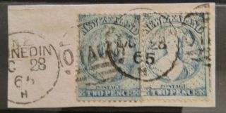 Zealand Very Rare Chalon Pair On Piece 2d Blue With 1865 Postmark