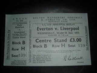 Everton V Liverpool F.  A.  Cup Semi Final Replay 1971,  Un - Ticket,  Very Rare