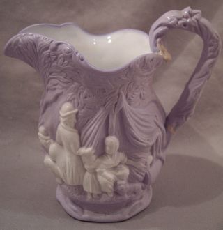 Pitcher 1840 Rare Parian By Samuel Alcock & Co.  Lavender Relief Gypsy Camp