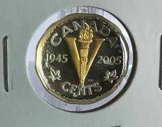 Rare 1945 - 2005 Double Date Canada Silver 5 Cent Gold Plated Victory Coin.