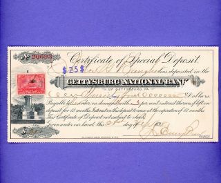 1898 $25 Rare Gettysburg Pennsylvania Certificate Of Special Deposit