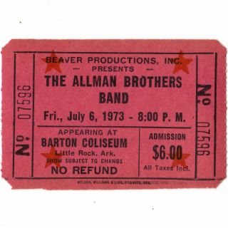 The Allman Brothers Band Concert Ticket Stub 7/8/73 Little Rock Arkansas Rare