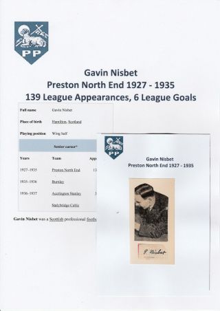 Gavin Nisbet Preston North End 1927 - 1935 Rare Hand Signed Cutting/card