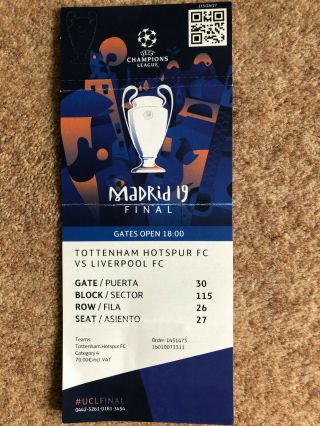Rare Tottenham V Liverpool Uefa Champions League Final 01/06/2019 Ticket