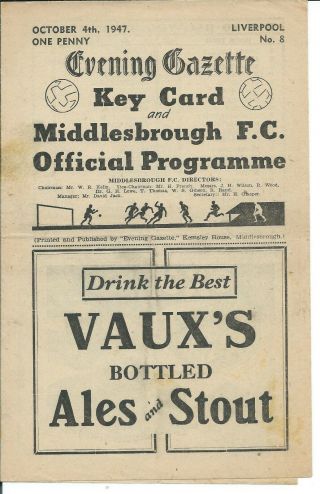 Rare Middlesbrough V Liverpool Prog 4/10/47 Division 1 1947/48 Ayresome Park