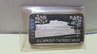 Rare Vintage F.  L.  Wright The Robie House 1 Oz Silver Bar Bank Of Chicago 004192