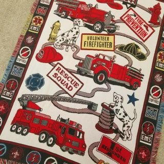 Rare Goodwin Weavers Firefighter Fireman Throw Blanket Ems Tapestry Quilt Woven