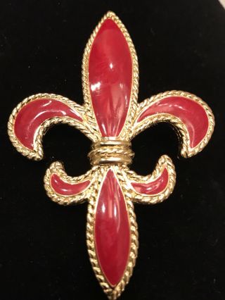 Crown Trifari Signed - Rare Red Enamel Gold Tone 3 Inch Fleur De Lis Stick Pin