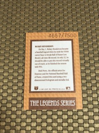 1991 LEAF THE LEGENDS SERIES RICKEY HENDERSON SP 4657/7500 A’S (RARE) 4