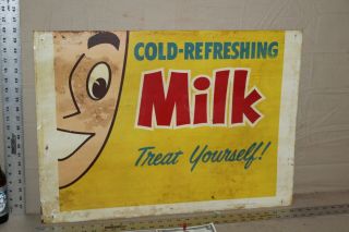 Rare 1950s Cold Refreshing Milk Metal Sign Dairy Cow Farm Barn Feed Seed Treat