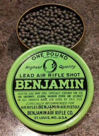 Vintage Benjamin One Pound Lead Air Rifle Shot Tin Contains 875 Bbs Rare Look