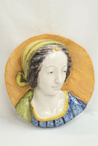 Rare Cantagalli Gypsy Jewel Lady Head Bust Majolica Italian Pottery Plaque
