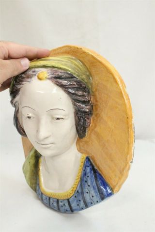 RARE Cantagalli Gypsy Jewel Lady Head Bust Majolica Italian Pottery Plaque 2