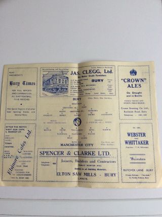 Bury V.  Manchester City Football Programme 1944 And Rare 3