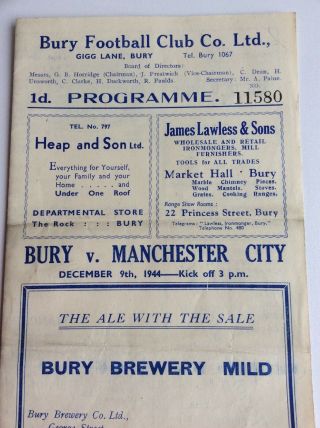 Bury V.  Manchester City Football Programme 1944 And Rare 6