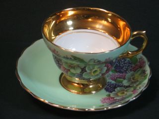 Vtg Rosina Bone China England Tea Cup Saucer Green Heavy Gold Magnolia Rare