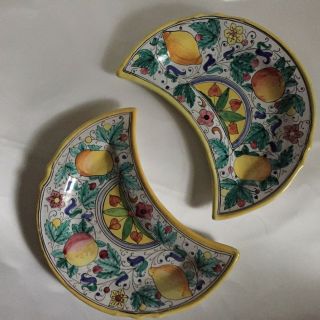 Rare Vintage Italian Majolica Mezzaluna/crescent/bone Dish Plate - Set Of Two