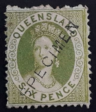 Rare 1871 - Queensland Australia 6d Yellow Green Chalon Head Stamp Specimen