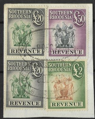 Southern Rhodesia 1954 £50,  2 X £20 & £2 Arms Revenue Perfined On Piece - Rare