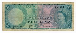 Fiji 5 Shillings Note 1962 Qeii Rare