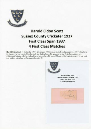 Harold Scott Sussex County Cricketer 1937 Very Rare Autograph