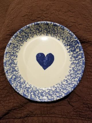 Henn Roseville Pottery Blue Spongeware Heart Pie Plate 9.  5 " Rare