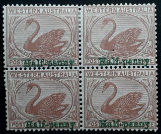 Rare 1895 - Western Australia Blk 4xhalf - Penny Surch On 3d Cinnamon Swan Stamps
