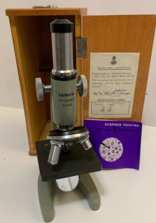 Vintage 1967 Tasco Student 300x Microscope In Wood Box Rare